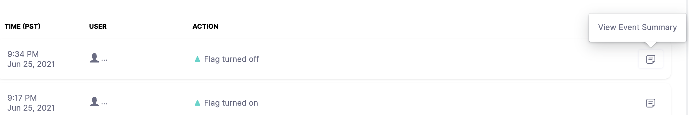 A screenshot of list of actions.